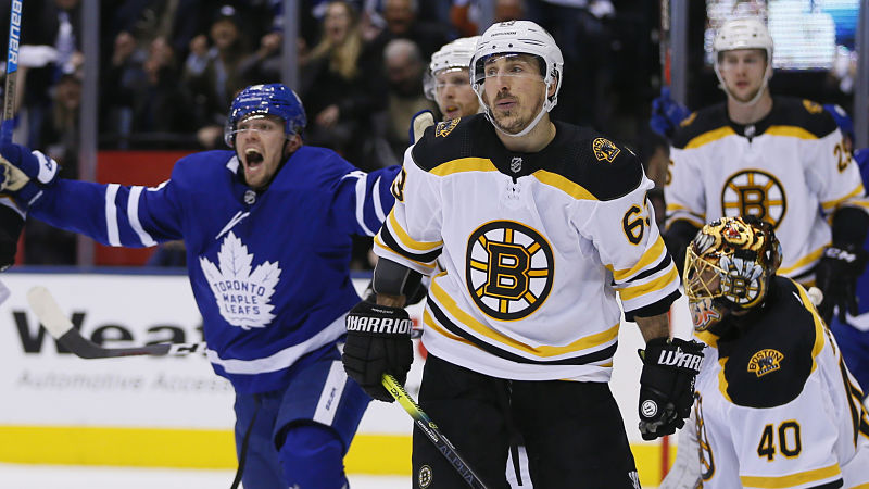 Toronto Maple Leafs forward Andreas Johnsson, Boston Bruins forward Brad Marchand