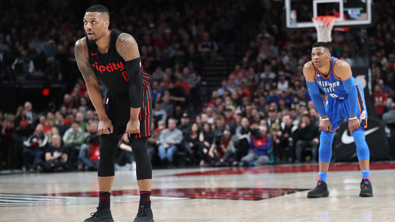 Portland Trail Blazers guard Damian Lillard and Oklahoma City Thunder guard Russell Westbrook