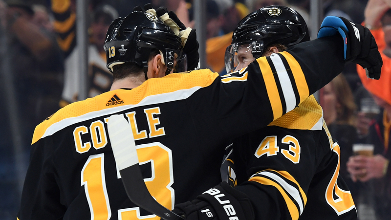 Bruins forwards Danton Heinen and Charlie Coyle