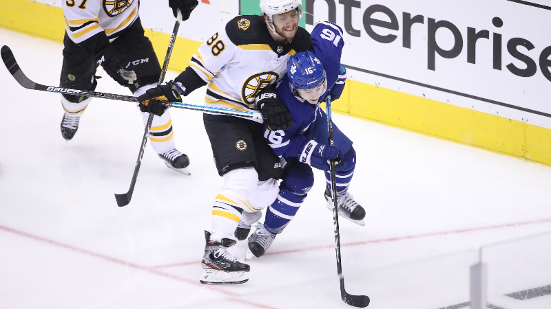 Boston Bruins right wing David Pastrnak and Toronto Maple Leafs right wing Mitchell Marner