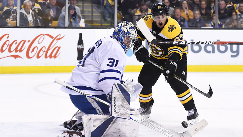 Toronto Maple Leafs goalie Frederik Andersen and Boston Bruins forward Brad Marchand