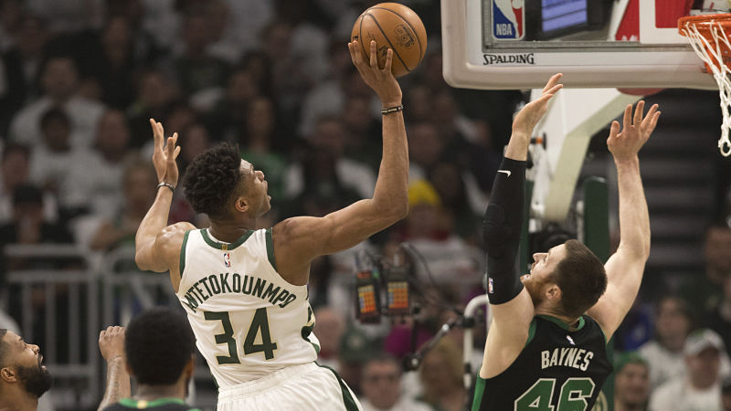 Milwaukee Bucks forward Giannis Antetokounmpo and Boston Celtics center Aron Baynes