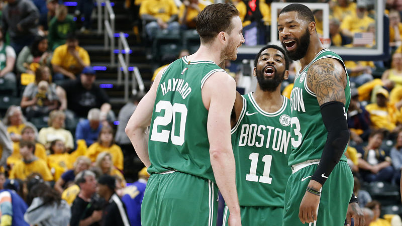 Boston Celtics forward Gordon Hayward, guard Kyrie Irving and forward Marcus Morris