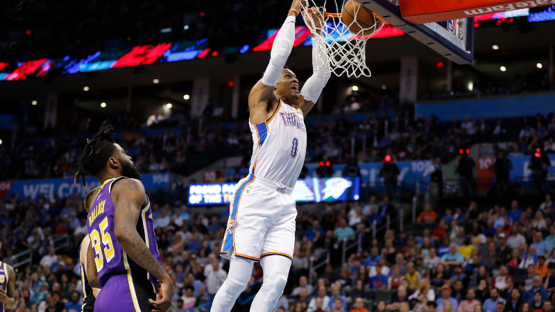 Oklahoma City Thunder guard Russell Westbrook (0)