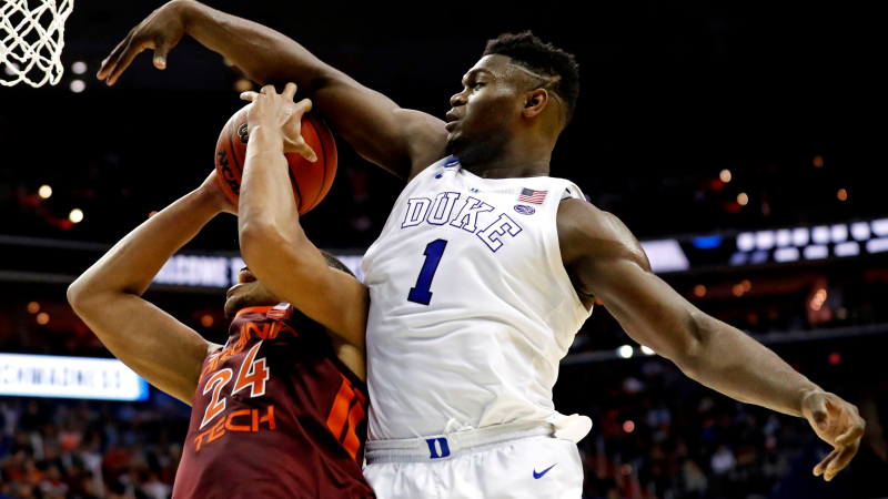 Duke Blue Devils forward Zion Williamson (1) and Virginia Tech Hokies forward Kerry Blackshear Jr. (24)