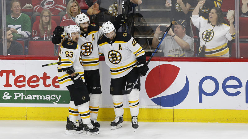 Boston Bruins forwards Brad Marchand, Patrice Bergeron and David Krejci