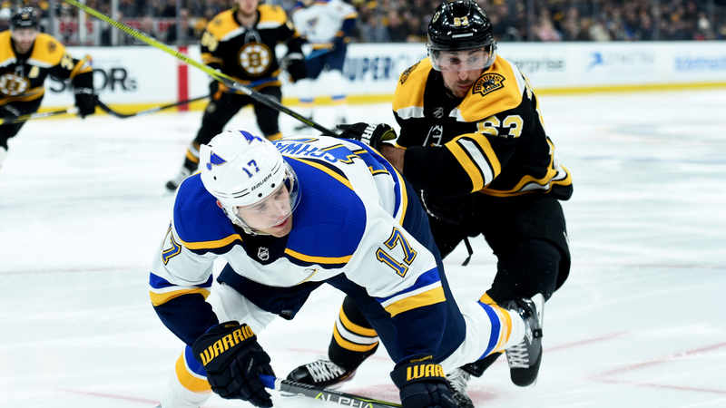 St. Louis Blues Winger Jaden Schwartz, Boston Bruins winger Brad Marchand