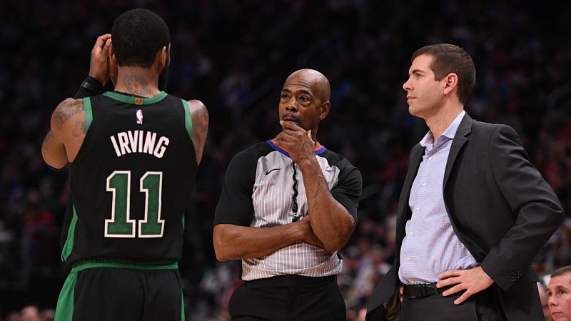 Boston Celtics guard Kyrie Irving and head coach Brad Stevens