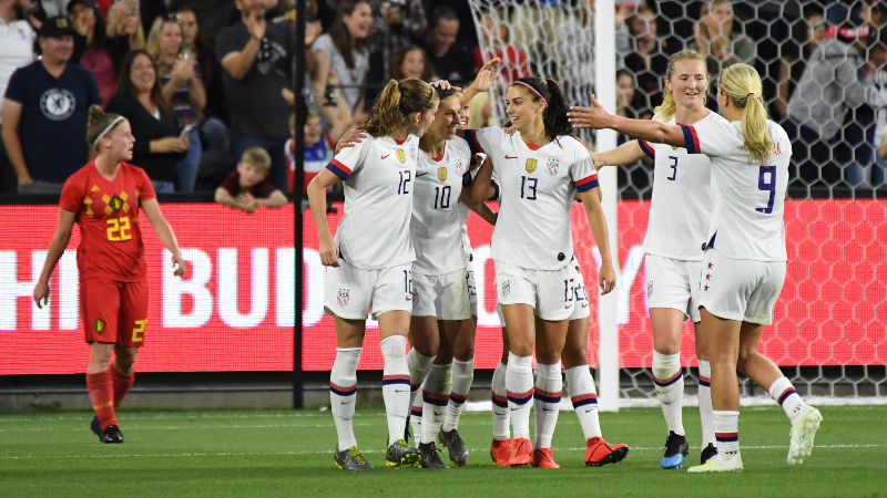 USA women's soccer's Alex Morgan (13), Tierna Davidson (12), Carli Lloyd (10), Samantha Mewis (3) and Lindsey Horan (9)