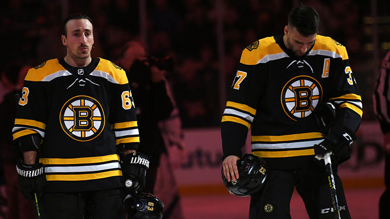 Boston Bruins forwards Brad Marchand and Patrice Bergeron