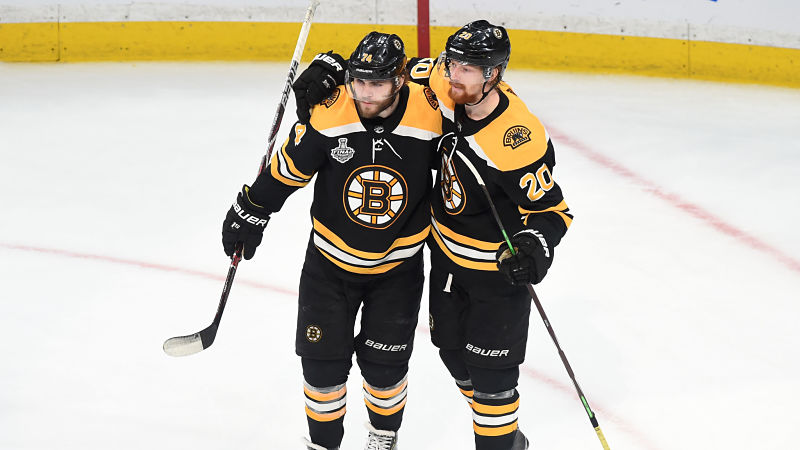 Boston Bruins left wing Jake DeBrusk and center Joakim Nordstrom