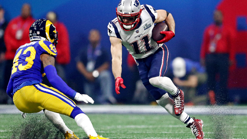 New England Patriots wide receiver Julian Edelman (11) and Los Angeles Rams strong safety John Johnson