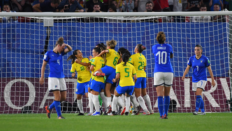 Brazil forward Marta (10) and teammates