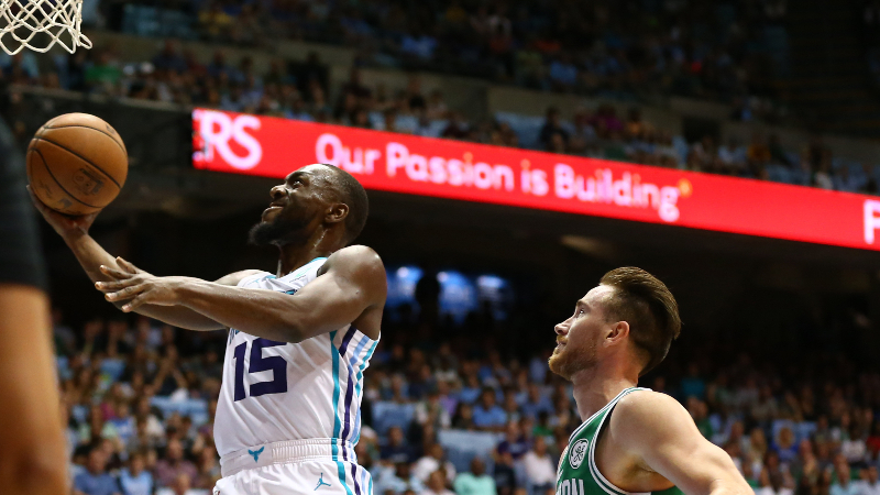 Boston Celtics guard Kemba Walker (left) and forward Gordon Hayward