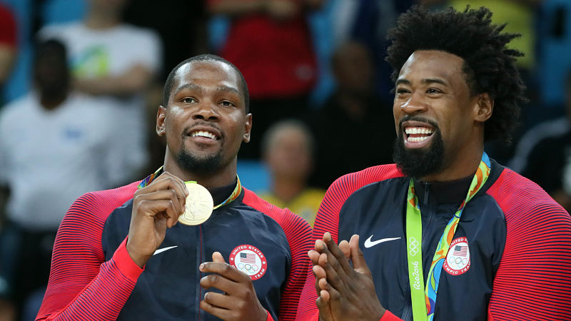 USA forward Kevin Durant (5) and USA center DeAndre Jordan