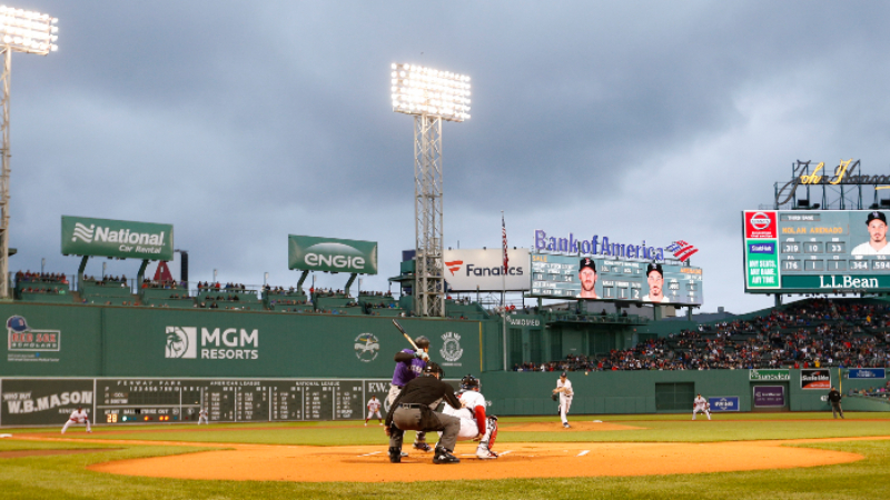 Boston Red Sox pitcher Chris Sale (41) and Colorado Rockies first baseman Matt Olson (28)