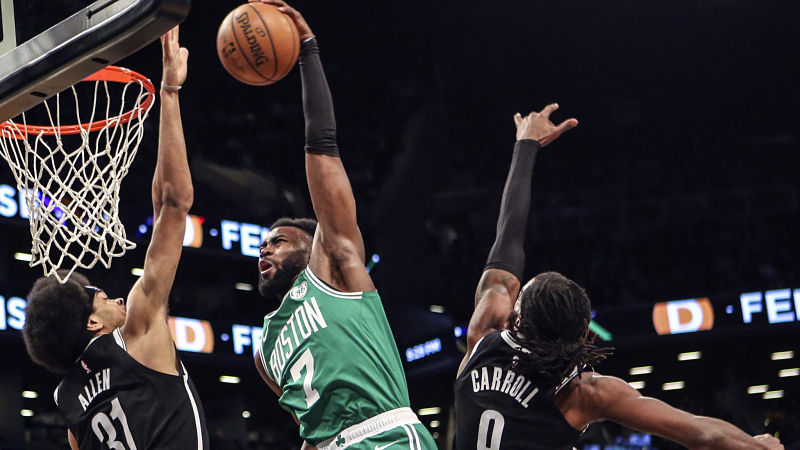 Boston Celtics forward Jaylen Brown and Brooklyn Nets center Jarrett Allen