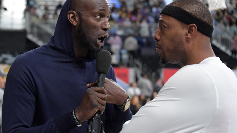 Former Boston Celtics Kevin Garnett (left) and Paul Pierce