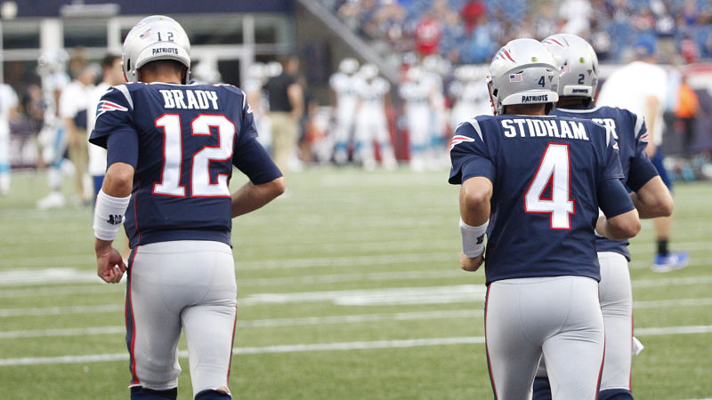 New England Patriots quarterbacks Tom Brady, Jarrett Stidham