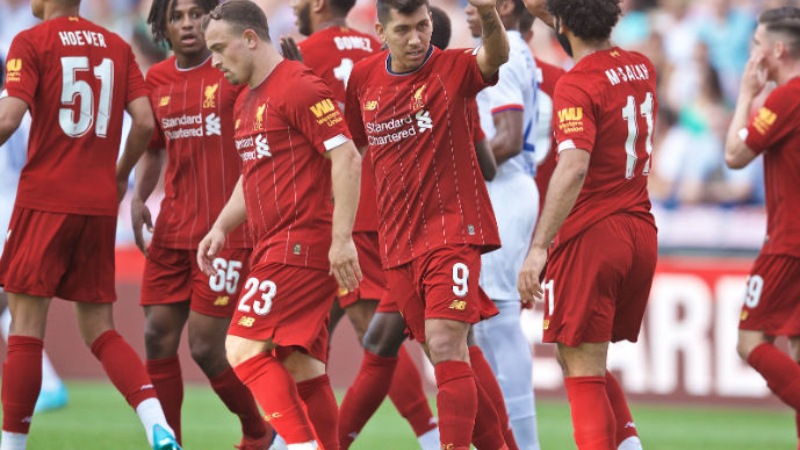 Liverpool forwards Xherdan Shaqiri (23), Roberto Firmino (9) and Mohamed Salah (11)