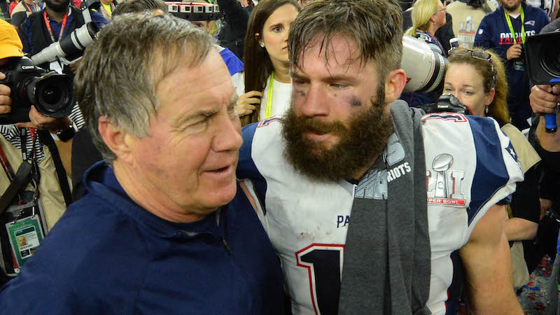 New England Patriots head coach Bill Belichick, wide receiver Julian Edelman