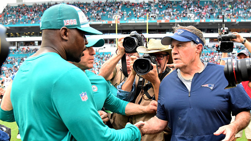 Miami Dolphins head coach Brian Flores and New England Patriots head coach Bill Belichick