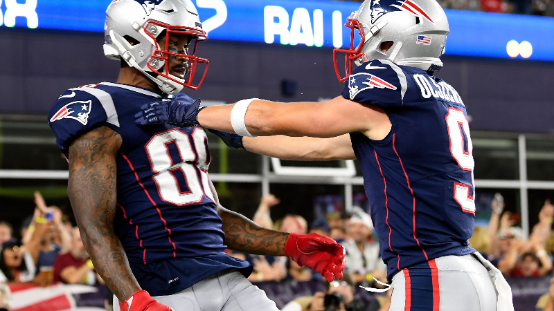 New England Patriots wide receivers Demaryius Thomas (left) and Gunner Olszewski