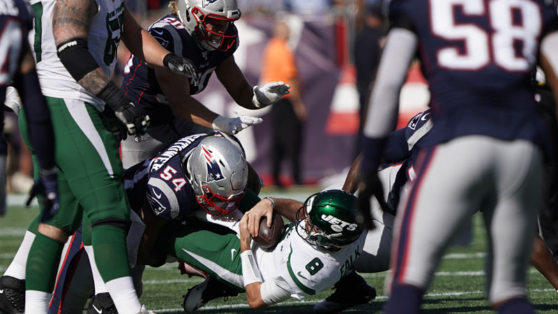 New England Patriots linebacker Dont'a Hightower and New York Jets quarterback Luke Falk