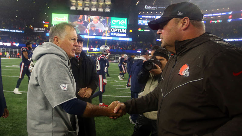 New England Patriots head coach Bill Belichick and Cleveland Browns head coach Freddie Kitchens