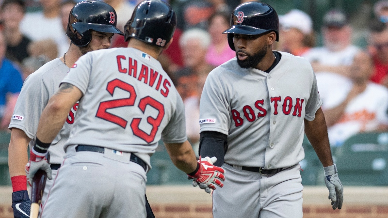 Boston Red Sox center fielder Jackie Bradley Jr. (19) and first baseman Michael Chavis (23)