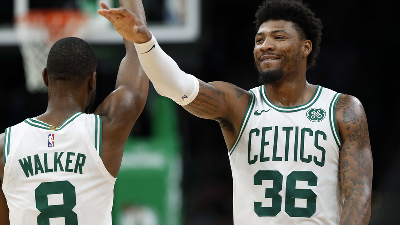 Boston Celtics' Kemba Walker And Marcus Smart