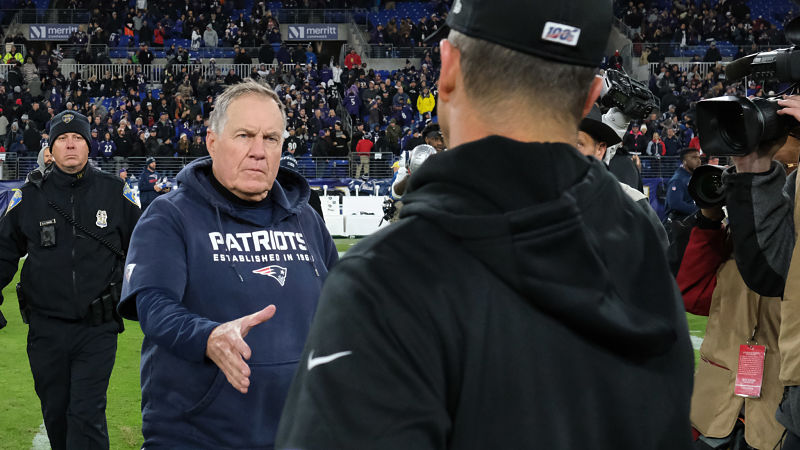 New England Patriots head coach Bill Belichick and Baltimore Ravens head coach John Harbaugh