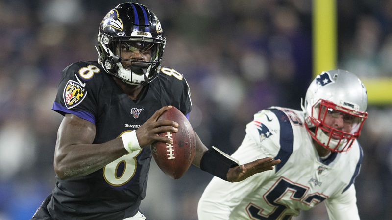 Baltimore Ravens quarterback Lamar Jackson and New England Patriots linebacker Kyle Van Noy
