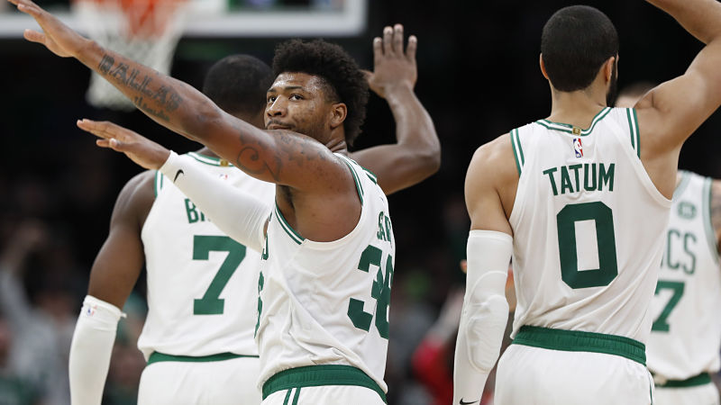 Boston Celtics players Marcus Smart and Jayson Tatum