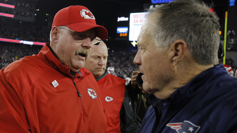 Chiefs head coach Andy Reid, Patriots head coach Bill Belichick