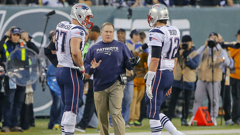 New England Patriots tight end Rob Gronkowski, head coach Bill Belichick and quarterback Tom Brady