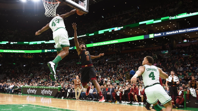 Boston Celtics guard Javonte Green (43), Cleveland Cavaliers guard Collin Sexton (2) and Boston Celtics guard Carsen Edwards (4)