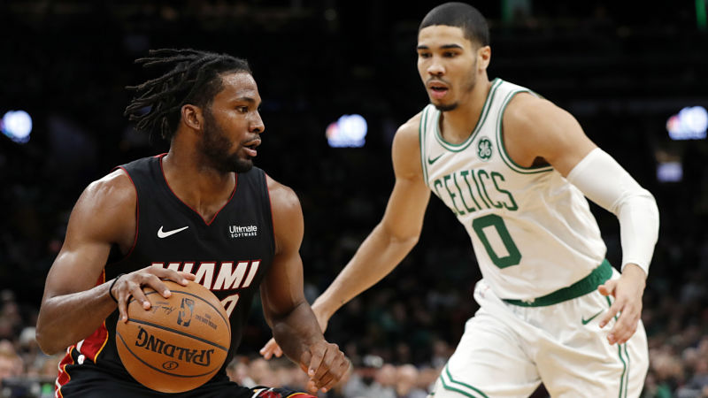 Miami Heat forward Justise Winslow and Boston Celtics forward Jayson Tatum