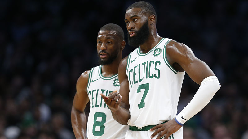 Boston Celtics guards Kemba Walker and Jaylen Brown