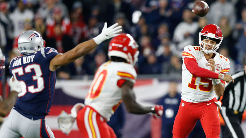 New England Patriots linebacker Kyle Van Noy and Kansas City Chiefs quarterback Patrick Mahomes