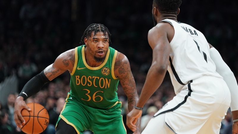 Boston Celtics guard Marcus Smart (36) and Brooklyn Nets guard David Nwaba (0)