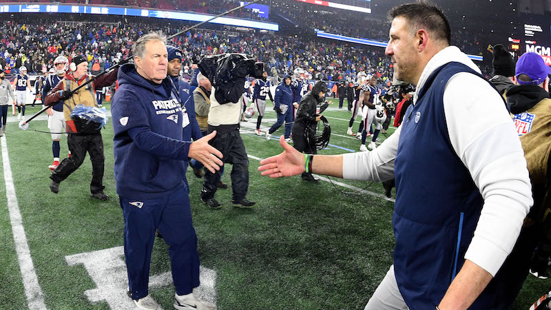 Patriots head coach Bill Belichick, Titans head coach Mike Vrabel