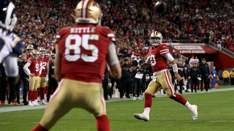 San Francisco 49ers quarterback Jimmy Garoppolo (10) and tight end George Kittle (85)