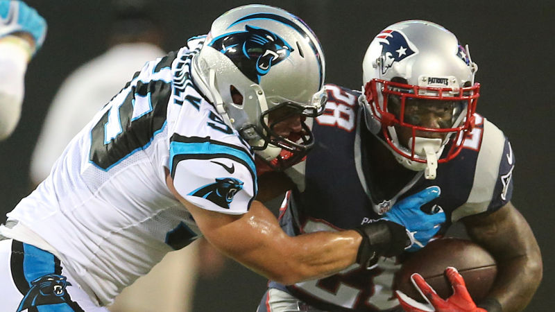 Former Carolina Panthers linebacker Luke Kuechly and New England Patriots running back James White