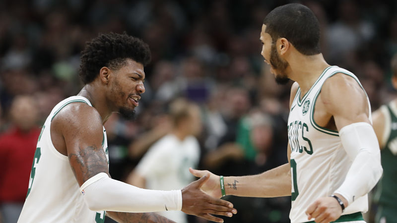 Boston Celtics guard Marcus Smart and forward Jayson Tatum