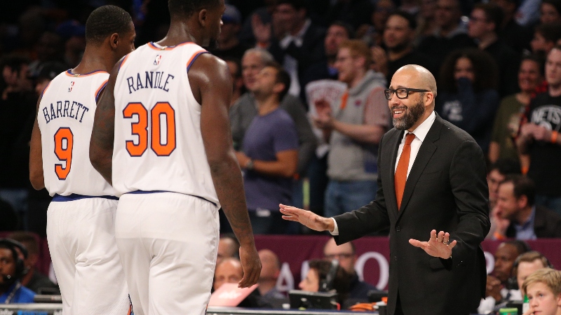 New York Knicks small forward RJ Barrett (9) and center Julius Randle (30) and former coach David Fizdale