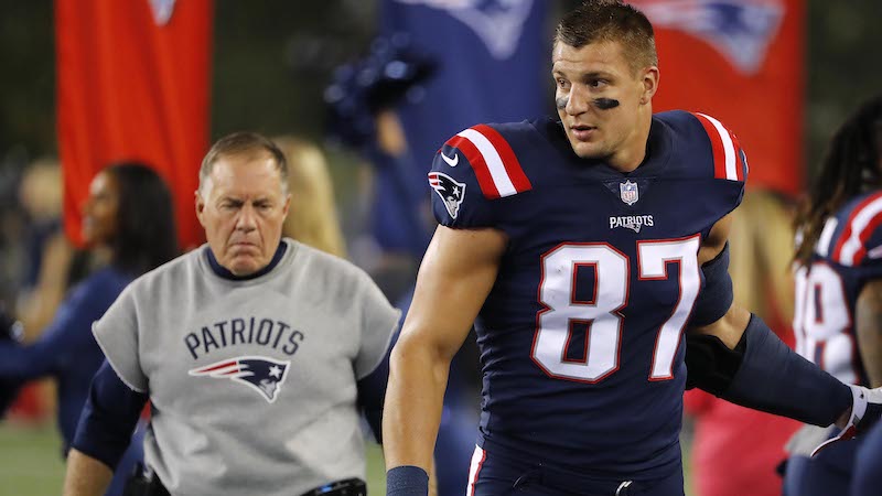 Patriots head coach Bill Belichick, tight end Rob Gronkowski
