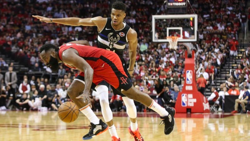 Houston Rockets guard James Harden and Milwaukee Bucks forward Giannis Antetokounmpo