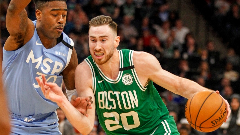 Celtics forward Gordon Hayward (20) and Minnesota Timberwolves forward Kelan Martin (30)