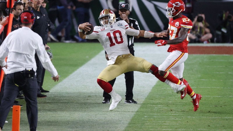 San Francisco 49ers quarterback Jimmy Garoppolo (10) and Kansas City Chiefs defensive back Rashad Fenton (27)